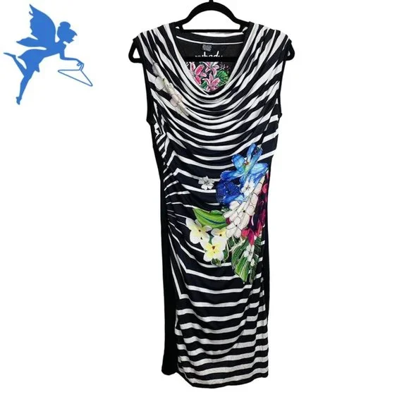 DESIGUAL Sara Sleeveless Cowl Neck Ruched Stripe and Floral Dress - Picture 2 of 7